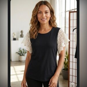 Chico's Black Knit Tee with White Lace Flutter Sleeves. NWOT